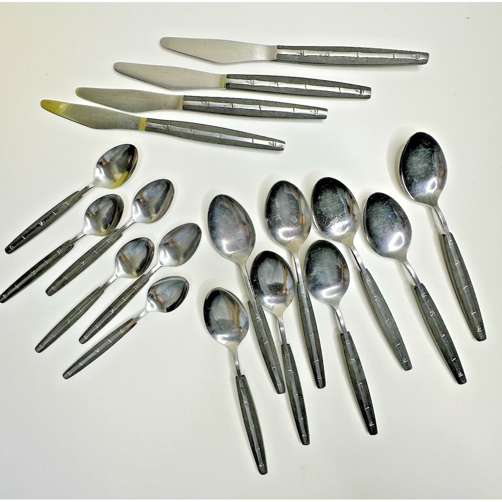 Bamboo Lifetime Cutlery Stainless Faux Black Wood Flatware Spoons Knives 18 pc